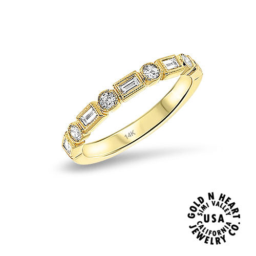 Natural Baguette and Round Bezel Set Diamond Band in 14K Yellow Gold