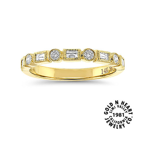 Natural Baguette and Round Bezel Set Diamond Band in 14K Yellow Gold
