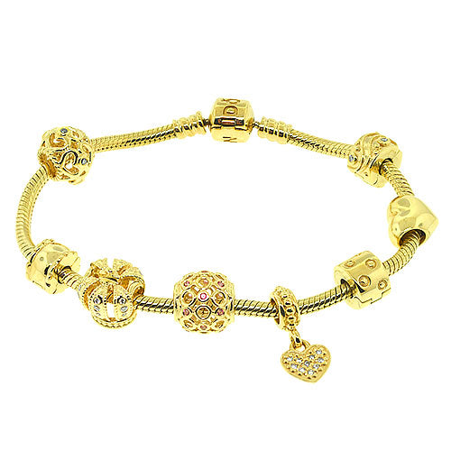 Solid 14k Gold Authentic Pandora Bracelet with Diamond Crown Charm