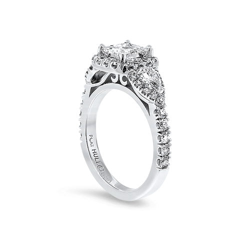 Platinum Natural Princess Diamond Engagement Ring with Pear Shape Side Diamonds
