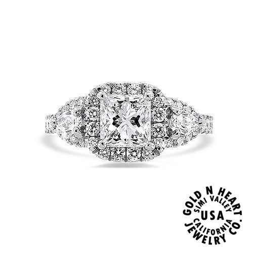 Platinum Natural Princess Diamond Engagement Ring with Pear Shape Side Diamonds