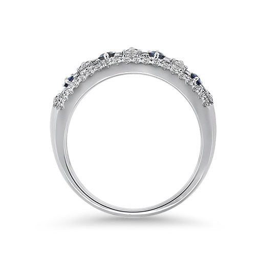 Blue Sapphire with Baguette & Round Diamond Band in 18K White Gold