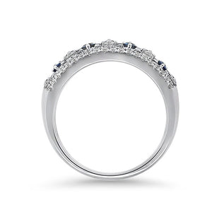 Blue Sapphire with Baguette & Round Diamond Band in 18K White Gold