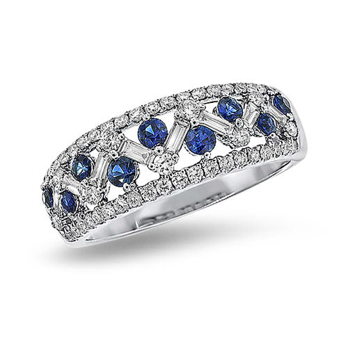 Blue Sapphire with Baguette & Round Diamond Band in 18K White Gold