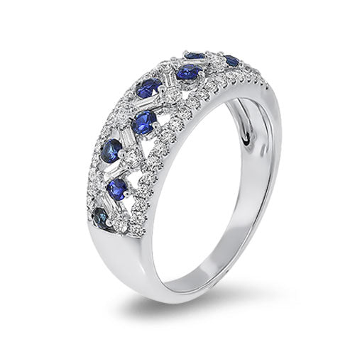 Blue Sapphire with Baguette & Round Diamond Band in 18K White Gold