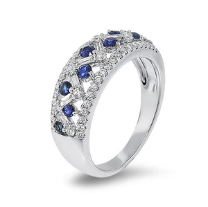 Blue Sapphire with Baguette & Round Diamond Band in 18K White Gold