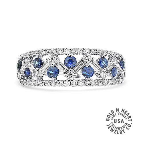 Blue Sapphire with Baguette & Round Diamond Band in 18K White Gold