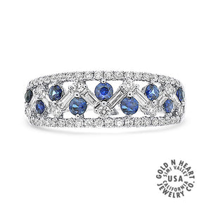 Blue Sapphire with Baguette & Round Diamond Band in 18K White Gold