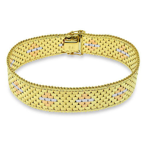 Tri Color Mesh Cuff Bracelet 14k Solid Gold Italian Made Pre-Owned