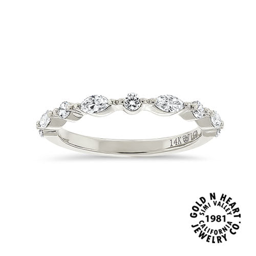 Alternating Round & Marquise Diamond Band with Double Prongs - White Gold