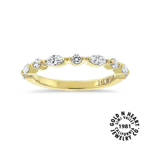Alternating Round & Marquise Diamond Band with Double Prongs - Yellow Gold