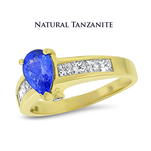 Pear Shape Tanzanite Ring with Princess Diamonds - 18k Yellow Pre-Owned
