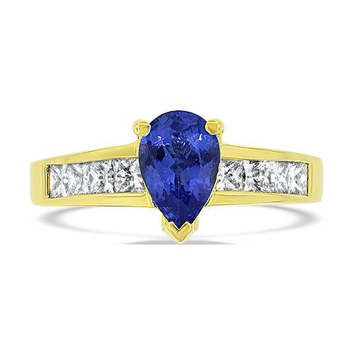 Pear Shape Tanzanite Ring with Princess Diamonds - 18k Yellow Pre-Owned