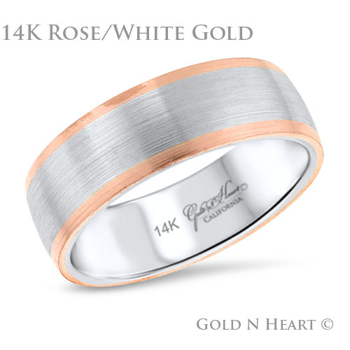 Brushed Two Tone Wedding Band - 14k White and Rose Gold