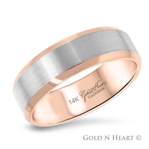 14K Gold 2-Tone Brushed White Gold With Beveled Rose Wedding Band