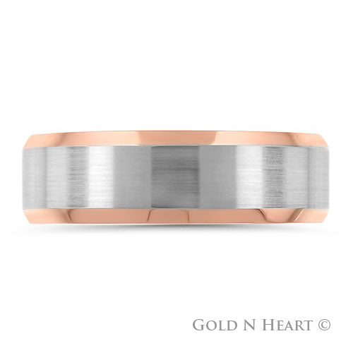14K Gold 2-Tone Brushed White Gold With Beveled Rose Wedding Band