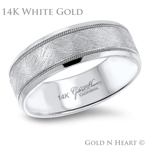 14K White Gold "Tree Bark" Finish Wedding Band