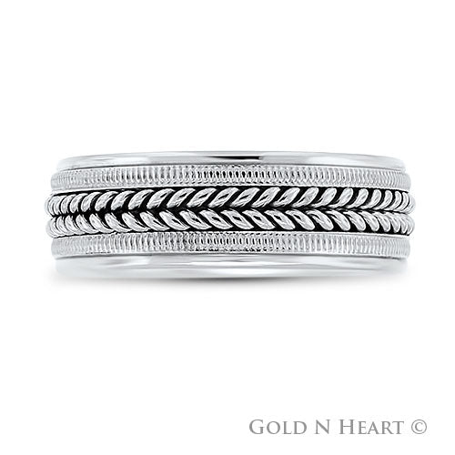 Mens Wedding Band with Hand-Made Braided Center and Milgrain Edge