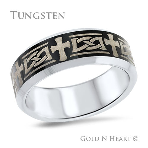 Polished Tungsten With Laser Etched Celtic Knot & Cross Wedding Band