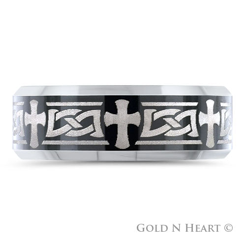 Polished Tungsten With Laser Etched Celtic Knot & Cross Wedding Band