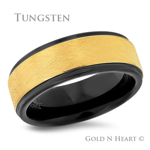 Tree Bark Textured Gold Overlay & Black Tungsten Wedding Band