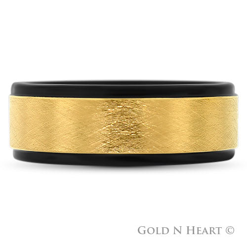 Tree Bark Textured Gold Overlay & Black Tungsten Wedding Band