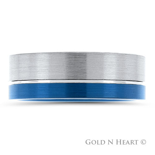 Offset Blue Anodized Tungsten Wedding Band
