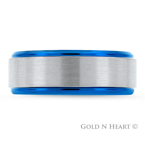 Brushed Tungsten Center with Blue Anodized Edge Wedding Band