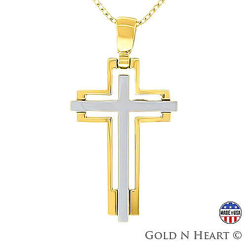 Two-Tone Cross with Brushed Center - Solid 14K White & Yellow Gold