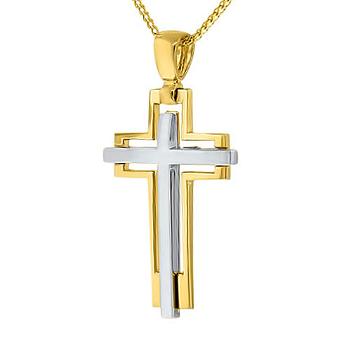 Two-Tone Cross with Brushed Center - Solid 14K White & Yellow Gold