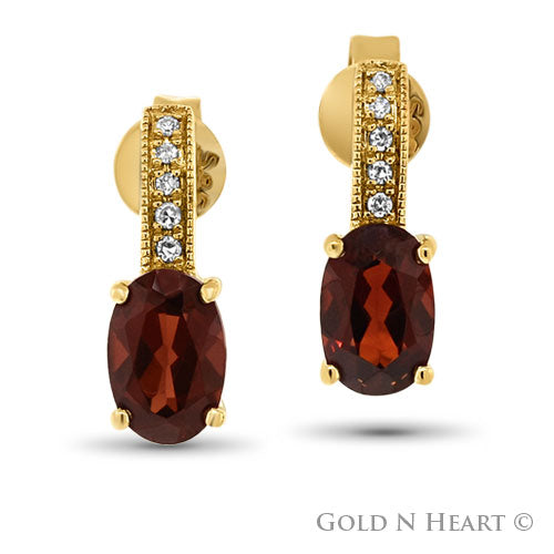 Garnet & Diamond Drop Stud Earrings